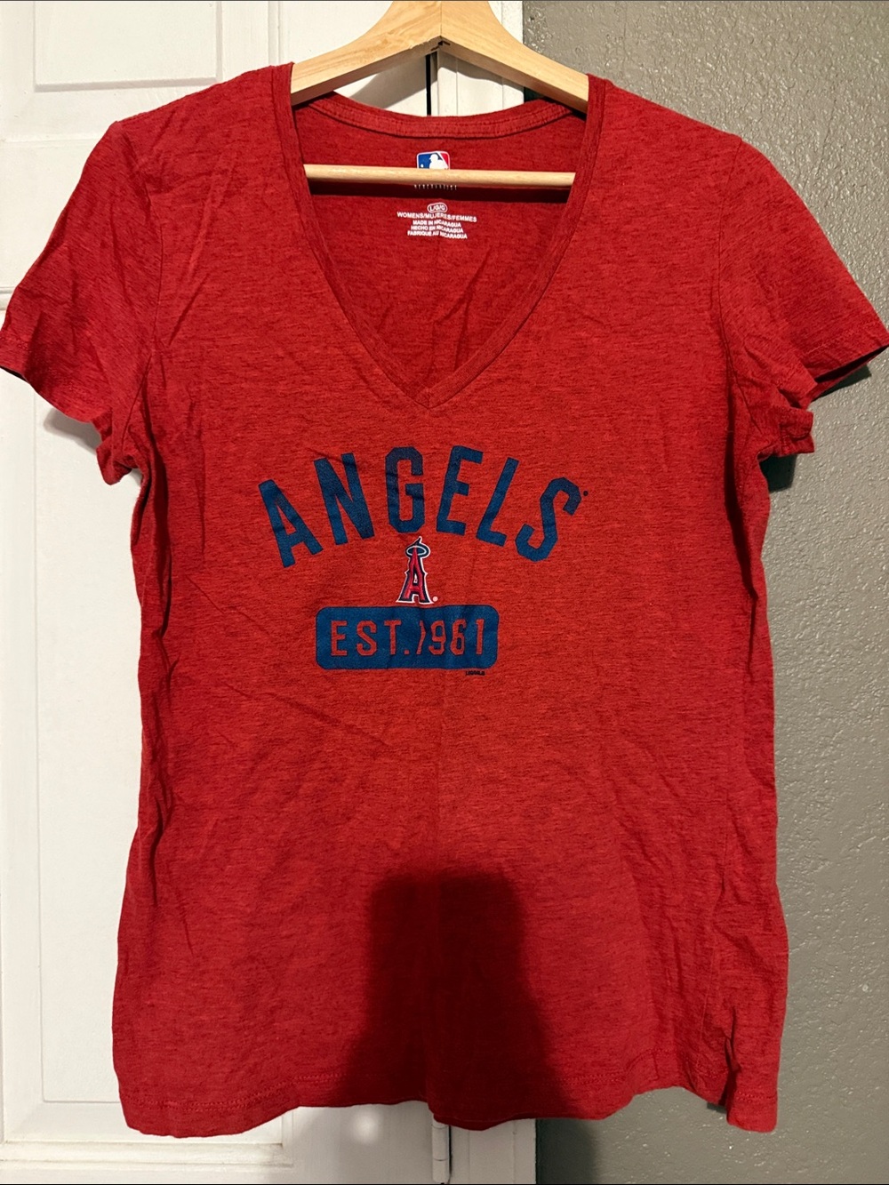 MLB Los Angeles Angels Heather Red V-Neck Tee with Blue Logo